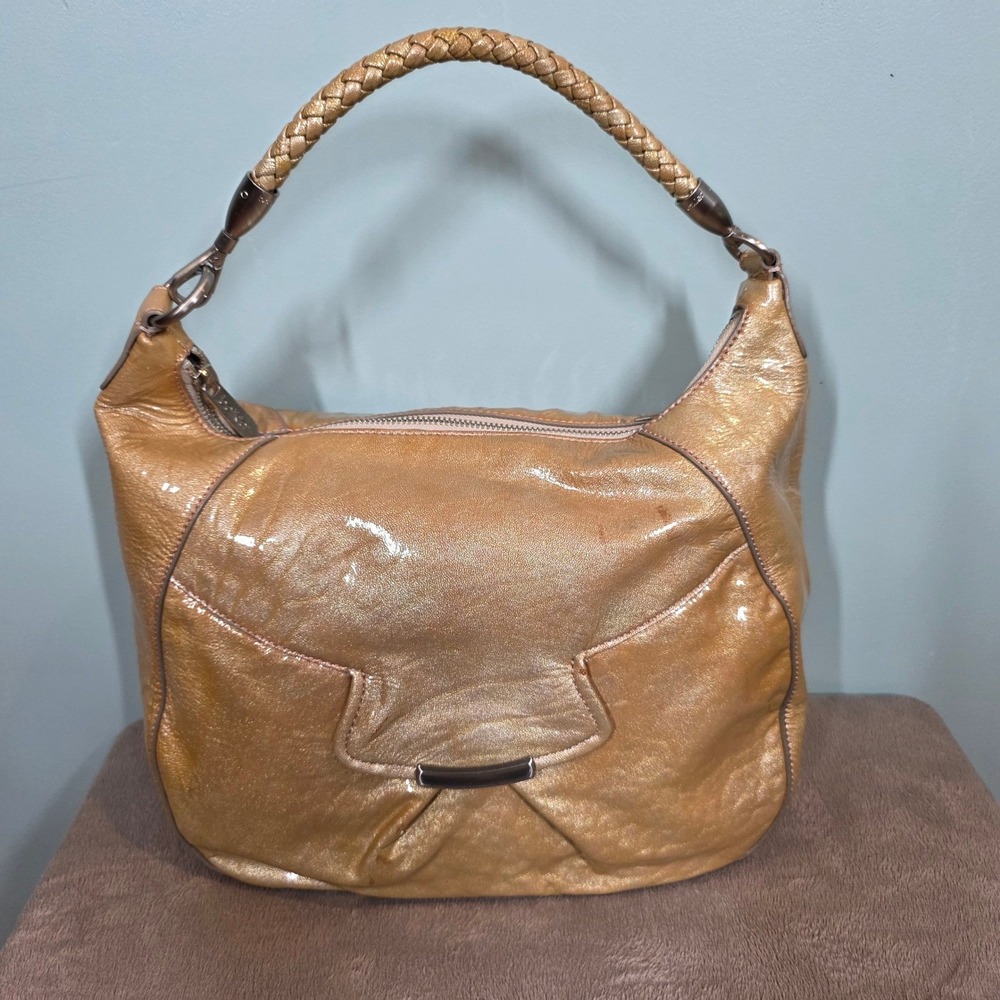 Botkier‎ Gold Metallic Patent Leather Hobo Bag Braided Handle Mini Coin Purse